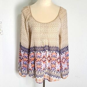 Blu Pepper Patterned Beige & Tan Top, Navy Blue & Orange Aztec Print, Size Large